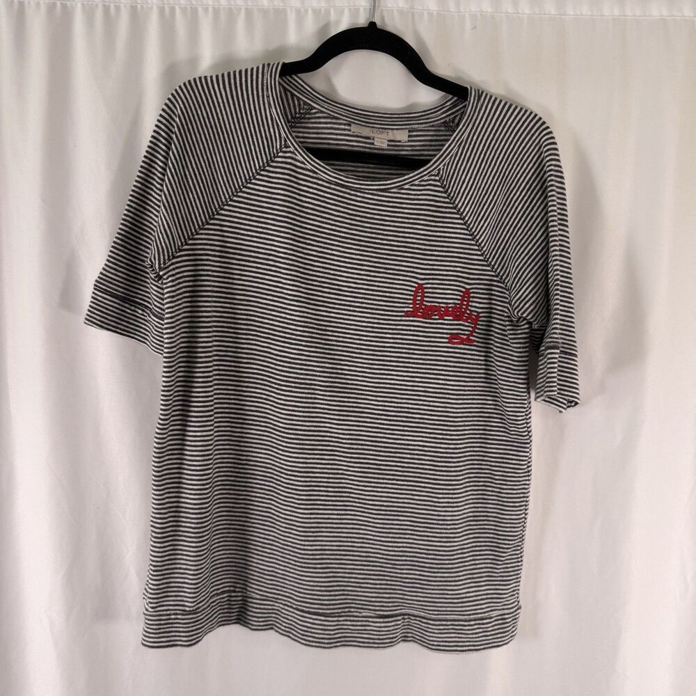LOFT Blouse Women's Small White Grey Striped Lovely Short Sleeve Round Neck